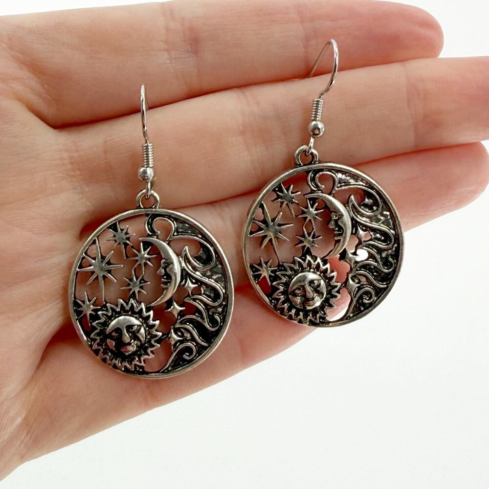 Celestial Sun Moon Stars Dangle Earrings Silver Tone Boho Gothic Vintage Style